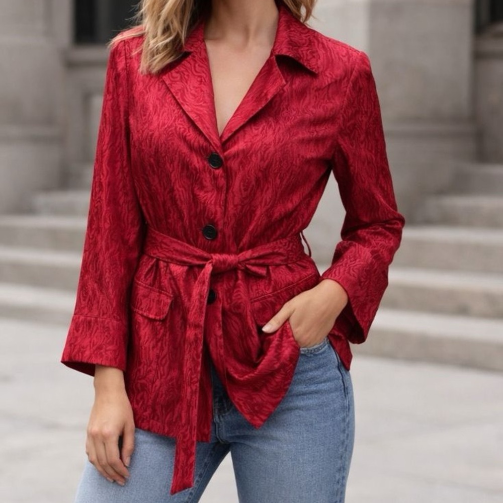 Chicos Jacket Womens 1‎ US Medium Red Silk Belted Pockets Button Up Collar